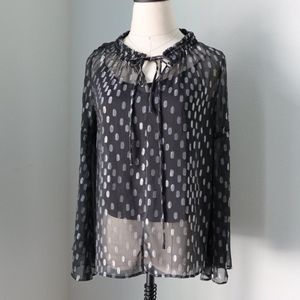 Sheer Black Dotted Tie Blouse Long Sleeve